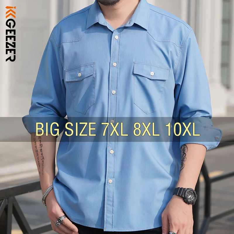 Denim Shirt Men Oversize 6XL 7XL 8XL 10XL Plus Size Fashion Casual Cowboy Long Sleeve Cotton