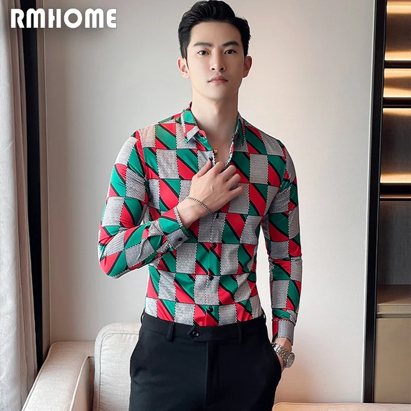 

All Seasons Luxury Men‘s Shirts Long Sleeves Green Red Color Printed New Casual Shirts Undercoat Wear High-quality Man Clothes