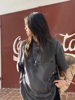 Oversize Loose Fit Deep ey ort Sve T-irt Women's American Retro Lazy Sle Casual Top Polyester Fiber Summer Wear