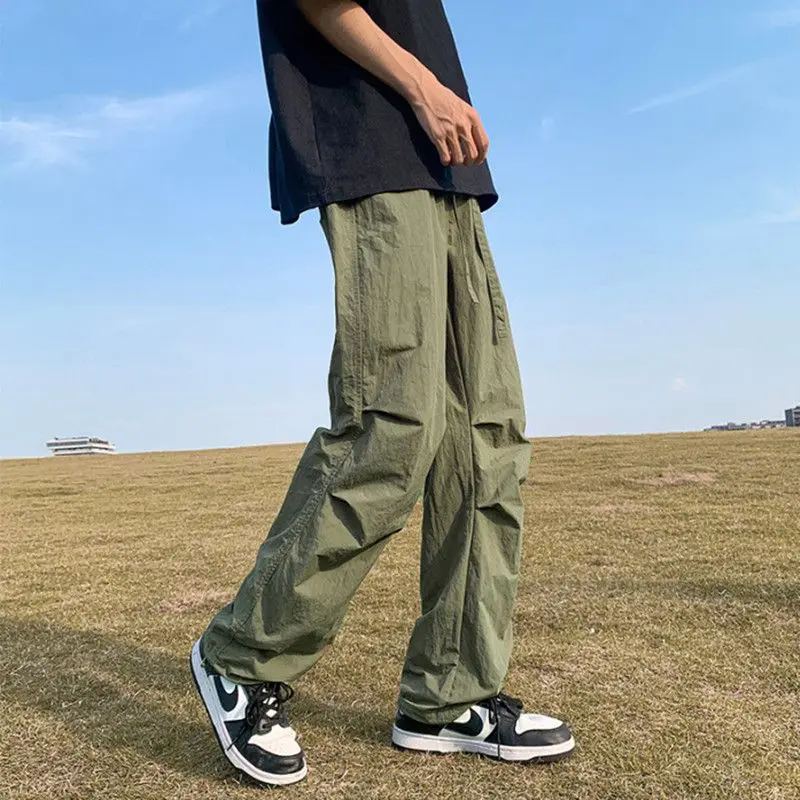 High Street Fashion Summer Casual Pants Men Solid Elastic Waist Drawstring Pocket Ice Silk Quick Drying Loose Straight Trousers