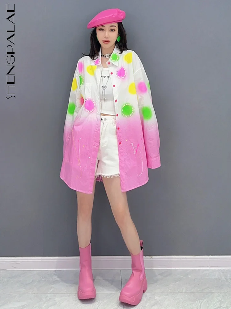 

SHENGPALAE Korean Fashion Lapel Women Shirt Casual Gradual Full Sleeve Colorful Dot Blouse 2023 Autumn New Tide Clothing 5R2809