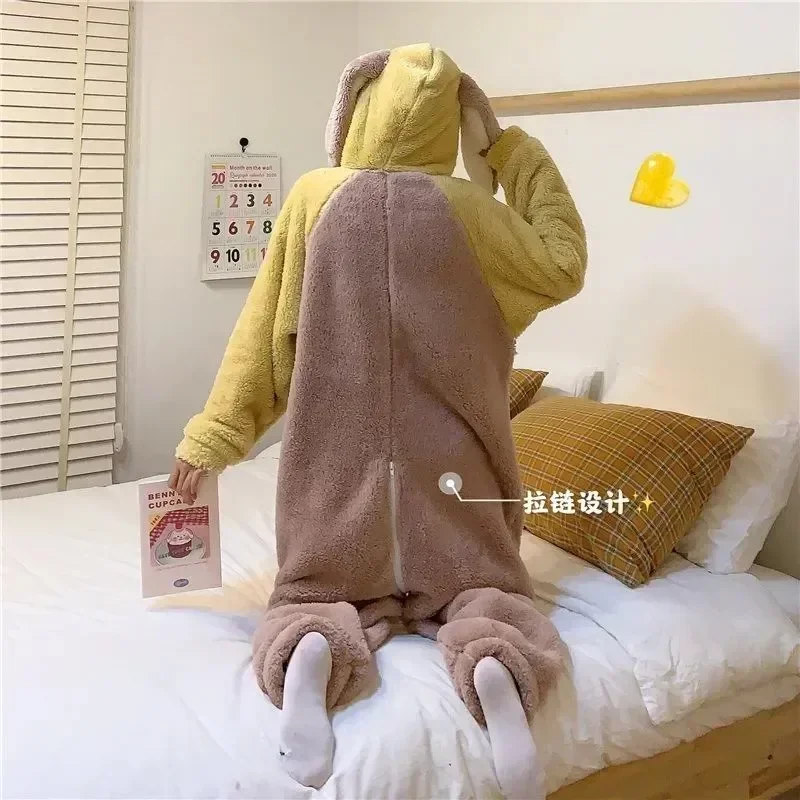 

Thickened Pajama Sleepwear Women Onesies Winter Flannel Homewear Jumpsuit 3XL Coral Cartoon Fleece Hooded Nightwear