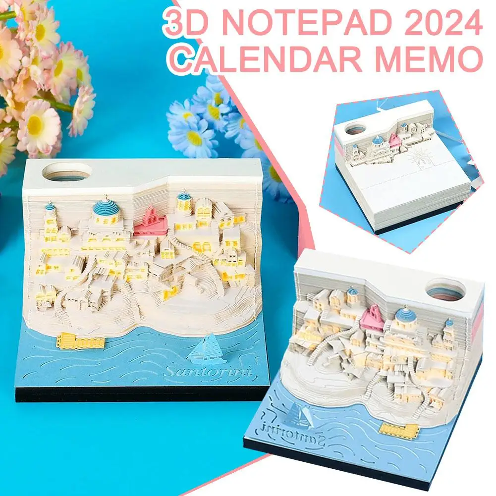 3D 메모장 2024 달력 메모 2024, 산토리니 3D 메모장 블록, Led 노트 종이 아트 책상 달력 선물, 1 개