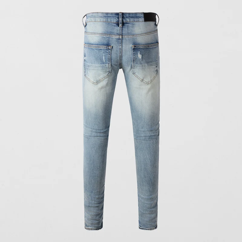 Street Fashion Men Jeans Retro Light Blue Stretch Skinny Fit Ripped Jeans Men White Leather Patched Designer Hip Hop Brand Pants