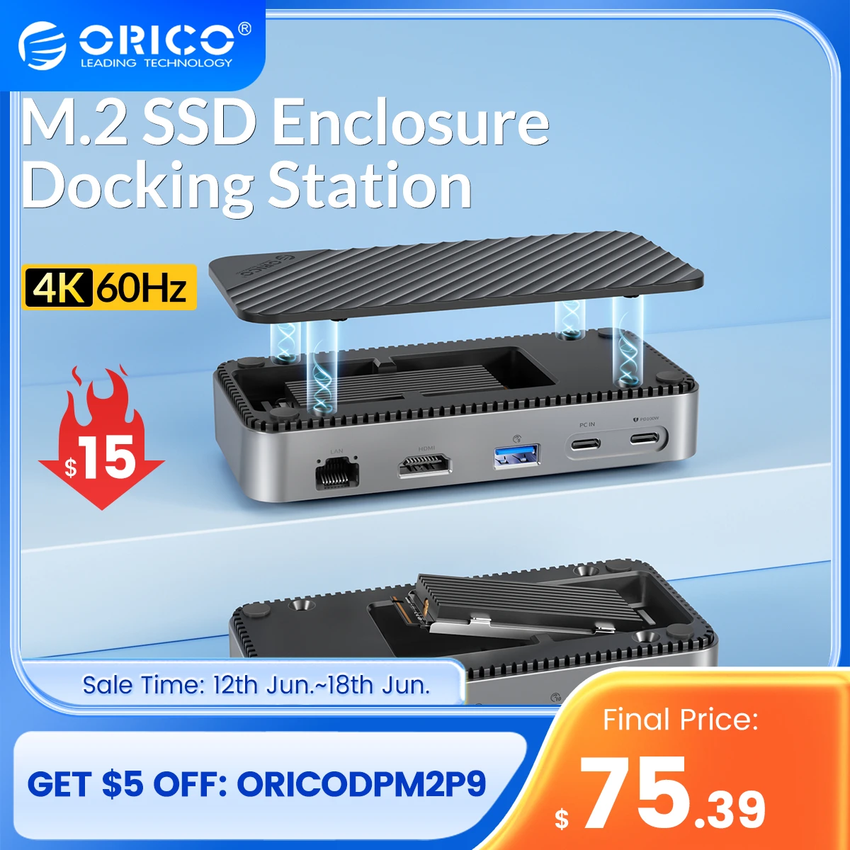 Docking Station ORICO con custodia SSD M.2 USB C 10gbps PD 100W RJ45 SD