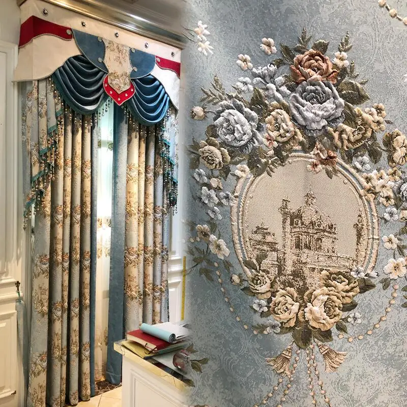 

Custom curtain Luxury high-end villa bay window American jacquard shading blue cloth blackout curtain tulle valance drape C1462