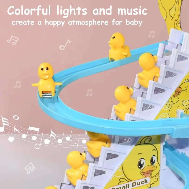 Electric Small Ducks Climbing Toys DIY Ducks Chasing Race Track Game Set with Lights & Music Roller Coaster Toy for Kids Gift 4