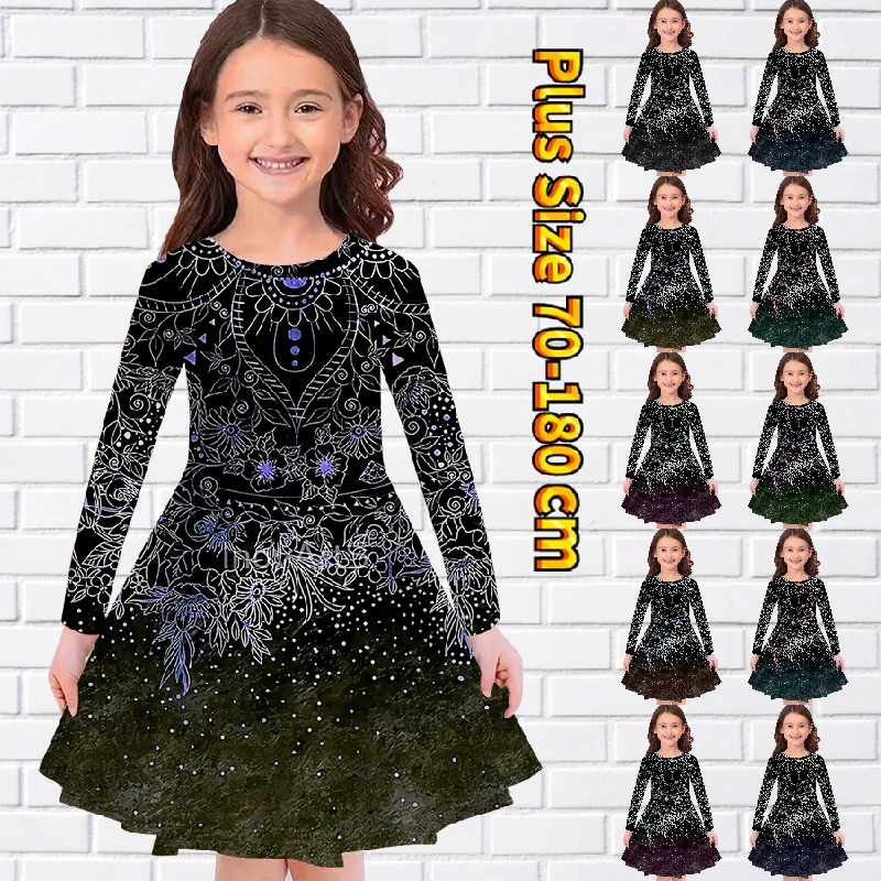 

2022 New Autumn Winter Little Girl Vintage Abstract Print Party Skirt Long Sleeve Skirt Round Neck Casual Knee-length Skirt