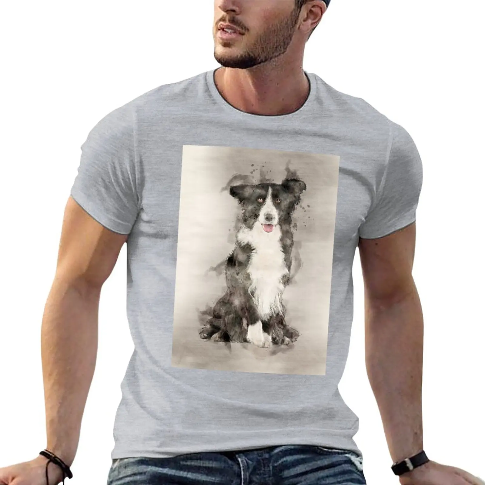 

Border collie in watercolor T-Shirt summer clothes animal prinfor boys mens white t shirts