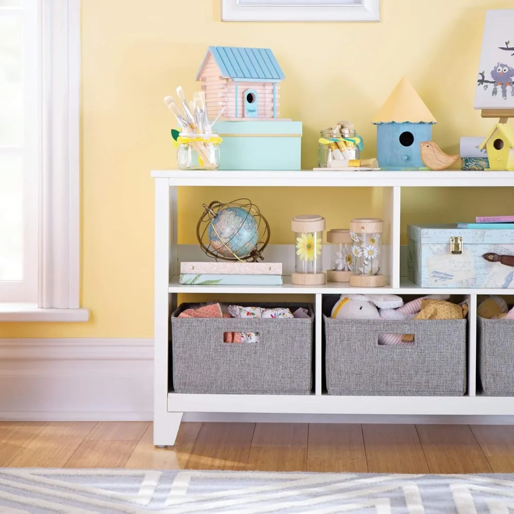 Kids' Low Bookcase -  White: 24 Inch Wooden Storage Organizer Cubby with Fabric Bins for Playroom and Bedroom 3