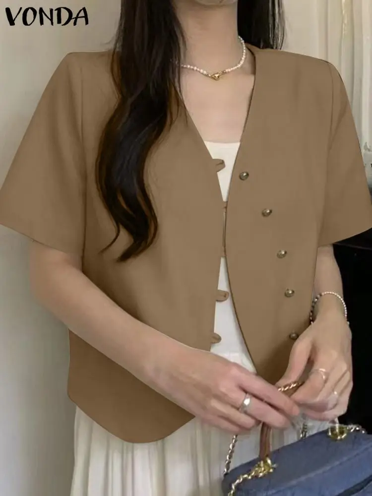 

Office Style Blazer Women Elegant Coats 2023 VONDA Fashion Short Sleeve V-Neck Casual Solid Color Loose Blazer Buttons Tops
