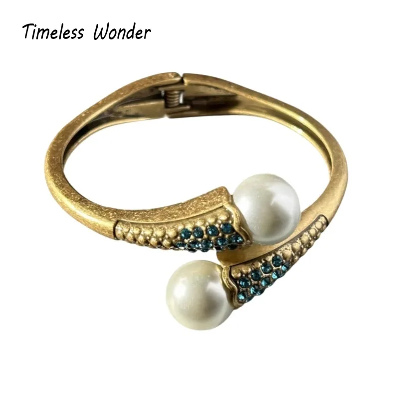 

Timeless Wonder Retro Zircon Geo Pearl Cuff Bangles for Women Designer Jewelry Punk Goth Runway Medieval Top Party Rare Mix 4526