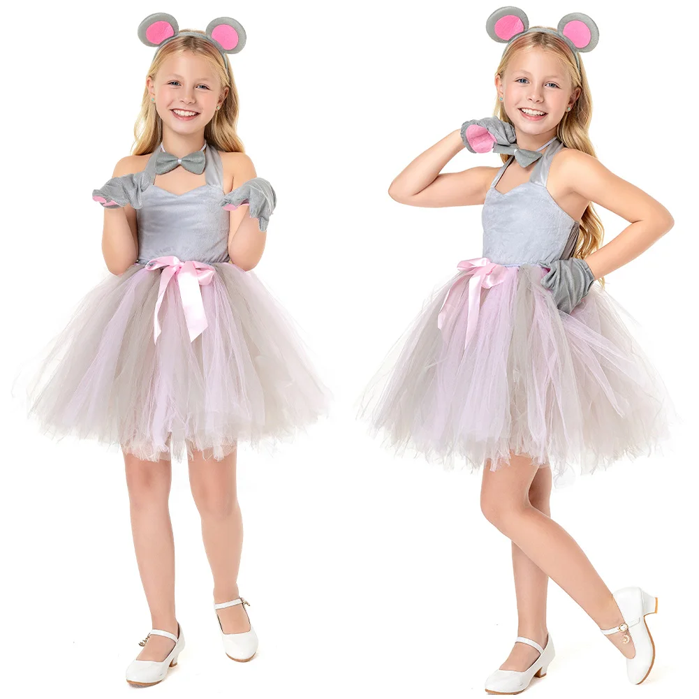 Kids Girls Mouse Cosplay Tutu Dress Tail Gloves Stage Performance Dance Skirts Costume Halloween Party Cartoon Disguise Outfits