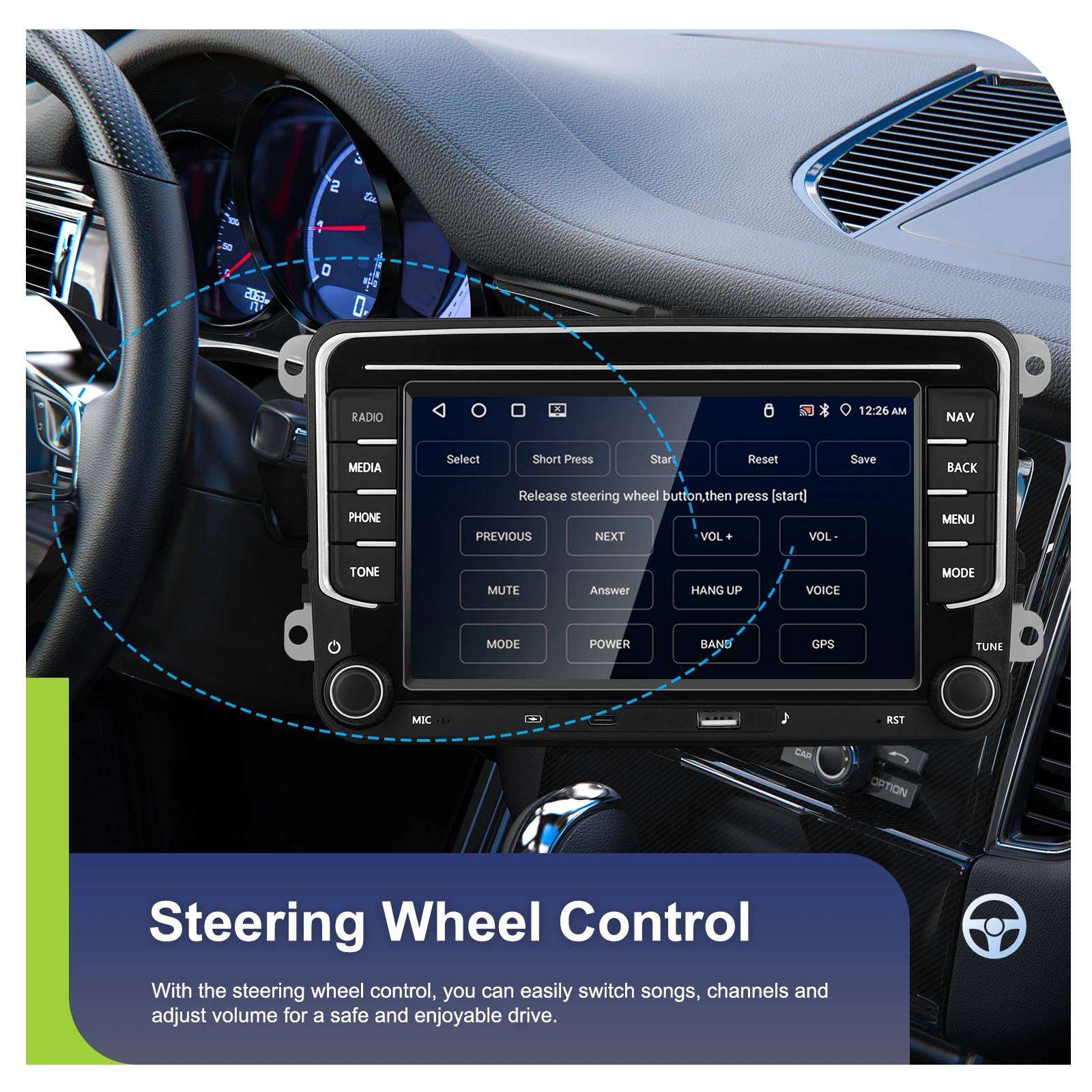 Podofo Kabelloses Carplay Android Auto Radio für VW Fahrzeuge Intelligente Systeme GPS-Navigation BT FM/RDS 2din EQ BT Autoradio – Detail 8