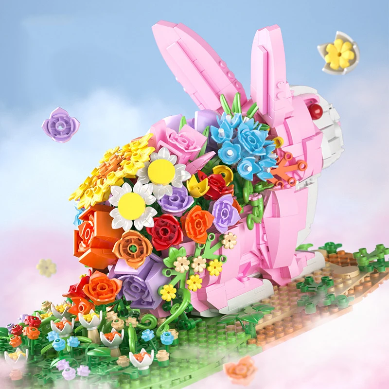 2023 City Creativity Rabbit Flower Bouquet Summer Sunshine Flower Basket Model Mini Building Blocks Mattoni Giocattoli Per Regalo Per Bambini
