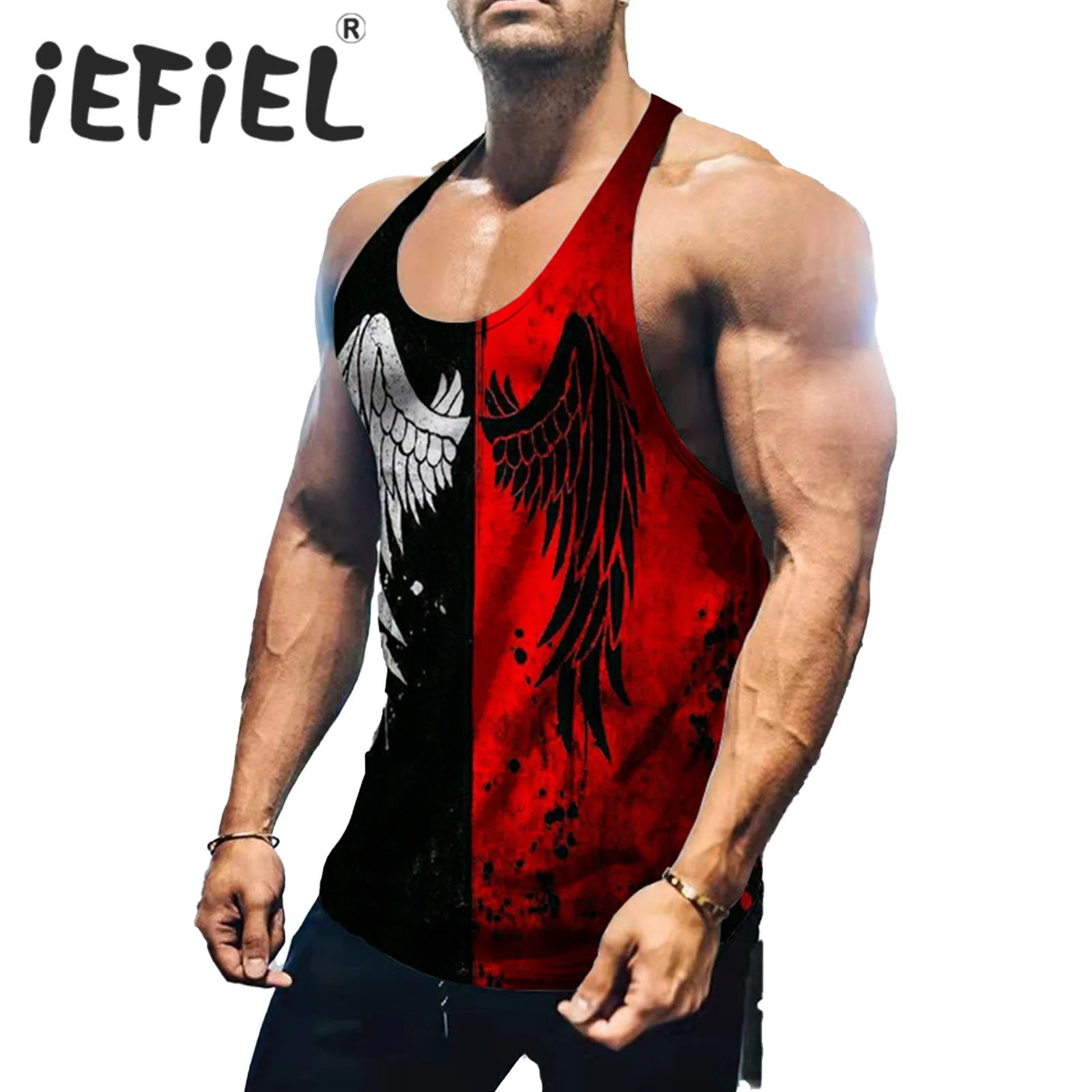 Mens Sports Crop Tops Gym Workout Fitness Muscle Vest Color Block Wings