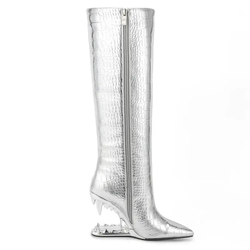 

Tiger Tooth Shaped Heel Sexy Knee Length Long Boots Autumn Winter New Pointed Zipper Crocodile Pattern Women's Shoes Silvery