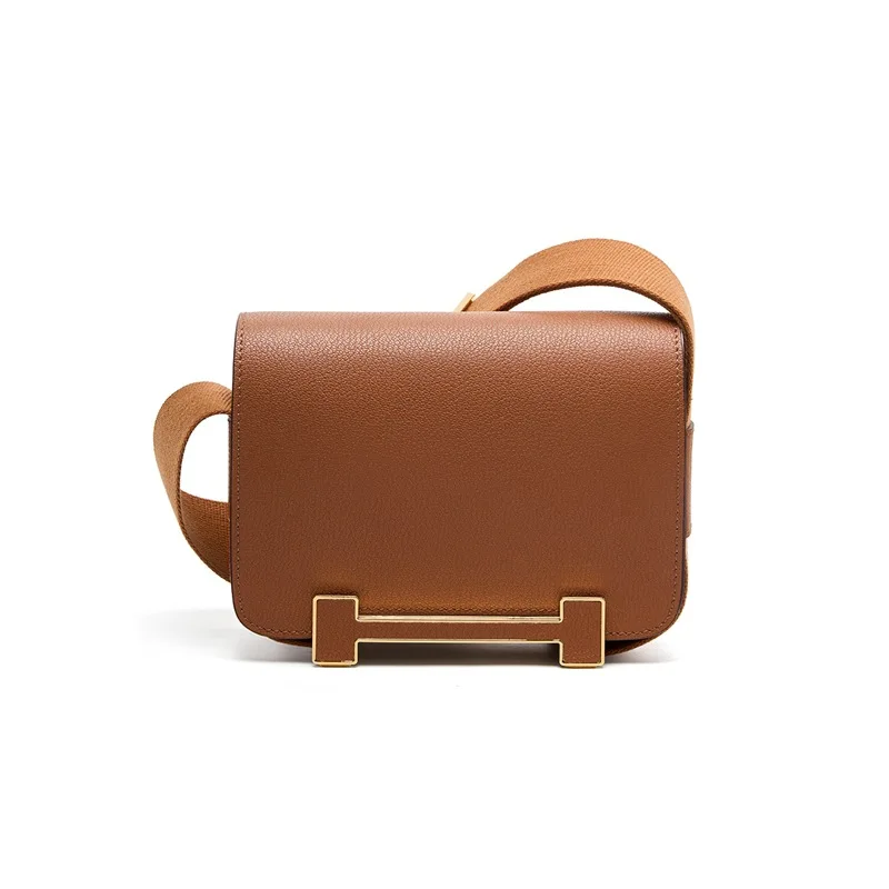 Fashionable Geta Wooden Sandal Bag Luxury Sensation Genuine Leather Medium Square Crossbody Bag for Women Urban Simplicity Style