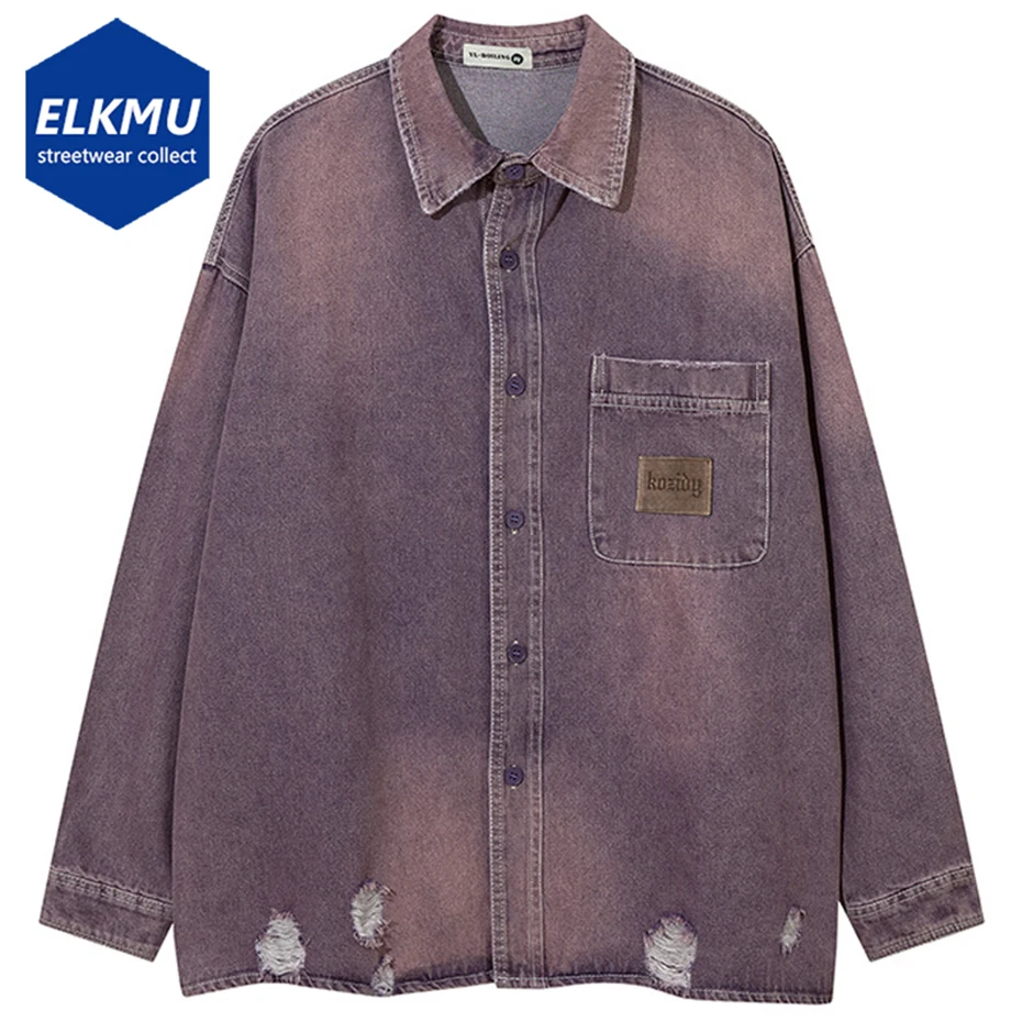 

Washed Vintage Denim Shirts Ripped Loose Casual Long Sleeve Shirts Button Up Blouse Streetwear Harajuku Hip Hop Oversized Shirts
