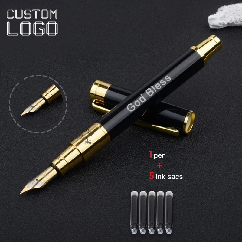 1 Pen + 5 Ink Sacs Customized Logo Titanium Pen Business Office Gift Signing Fountain Pens Student Calligraphy Practice Supplies