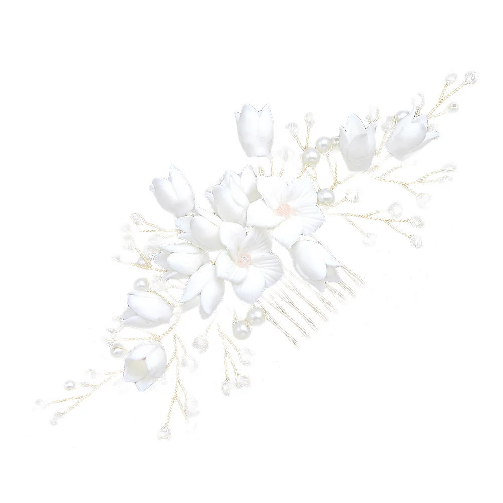 

Handmade White Polymer Clay Flower Hair Comb Bridal Pearl Crystal Beads Comb Jewelry for Wedding Decoration