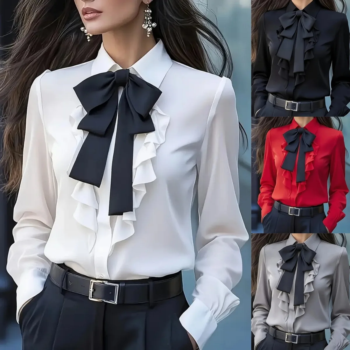 Women Slim Ruffle Butterfly Knot Blouse for Autumn Spring