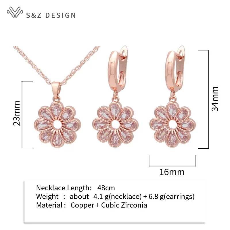 S&Z DESIGN New Fashion Cubic Zirconia Flower Dangle Earrings Jewelry Sets For Women 585 Rose Gold Color Pendant Necklace
