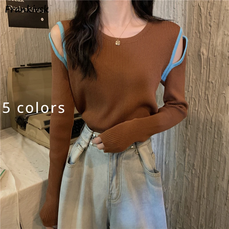 

Hollow Out Sweaters Women Slim Spliced Panelled Office Lady Korean Style Long Sleeve Cropped Spring Autumn Elegant Simple Casual