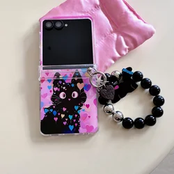 Colorful Love Heart Black Cat Folding Phone Case with Wrist Strap - Galaxy Z Flip 7 FE (With strap)