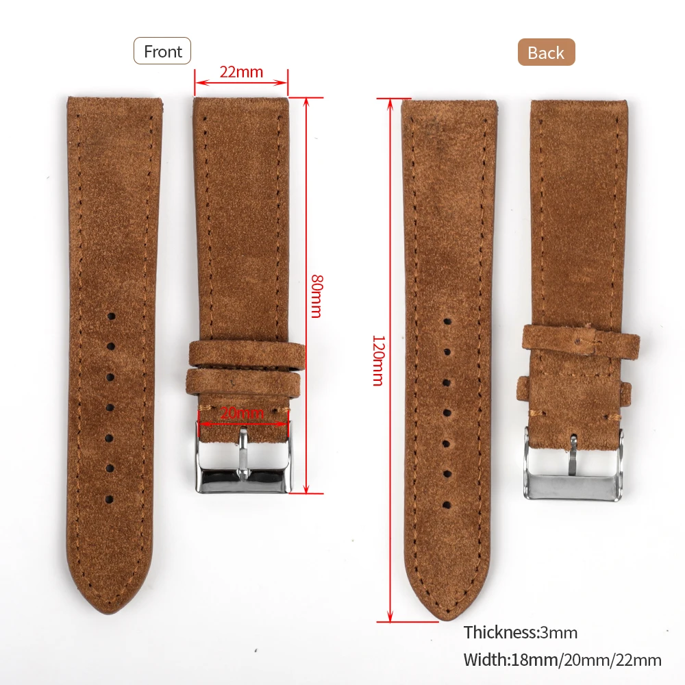 Luxurious Genuine Suede Leather Watch Strap with Stainless Steel Buckle - Available in Brown, Blue, and Black
