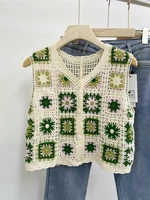 Sweet Ethnic Sle Knitted Vest Women's Open Cardigan Hollow out Crochet Splice Color V-Ne ort Length Single Button Summer