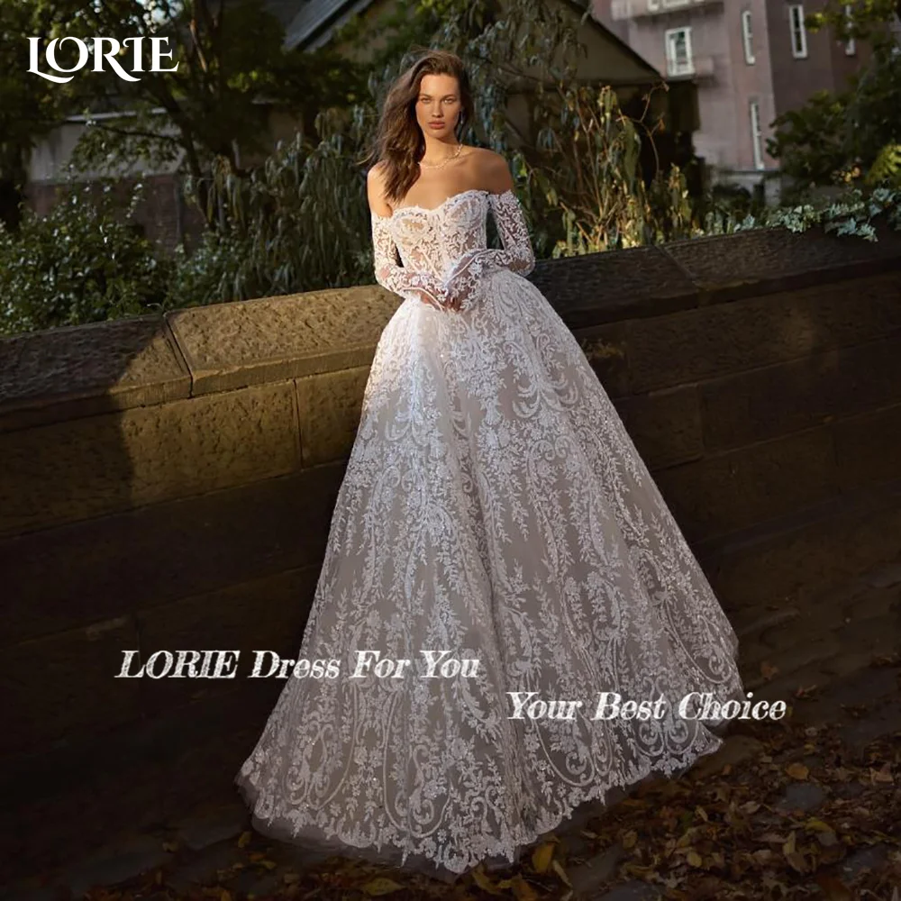 LORIE Vintage Lace A Line Wedding Dresses Long Sleeves Brush Train A Line Appliques Bridal Gown Backless Bride Dress Customized