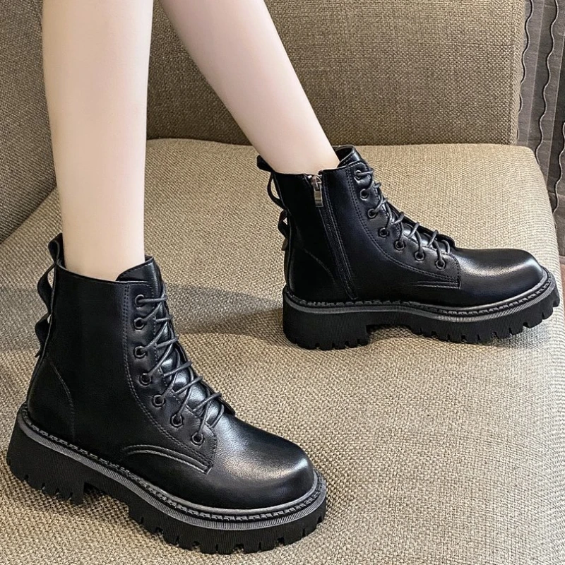 

Осенние ботинки, женская обувь, модные круглые кожаные ботильоны 2023, зимние водонепроницаемые черные эластичные ботинки на среднем каблуке, удобные ботинки