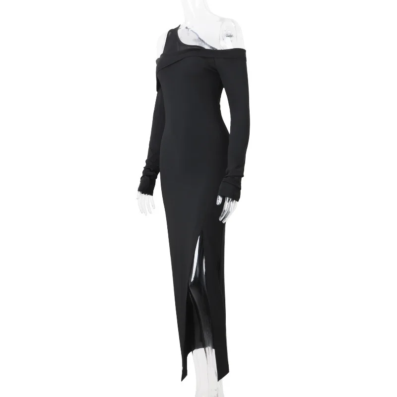 Elegant Mesh Patchwork Women Dress Fall New Sexy High Split Bodycon Long Sleeve Party Evening Dress Slim Vestido