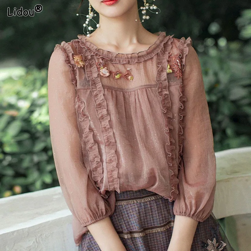 Casual Shirts Patchwork Round Neck Ruffles Lace Embroidery Hollow Out Pullovers Women's Clothing 2022 Spring Summer Thin Chiffon
