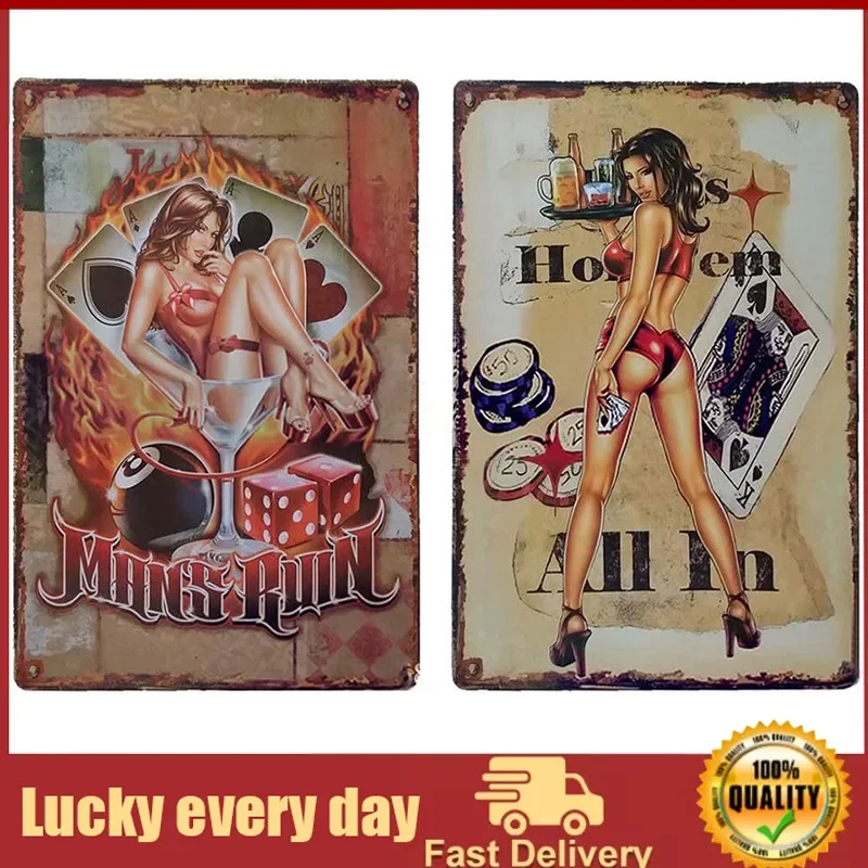 

Metal Tin Sign, Pinup Girls Bar Sign, Man Ruin Girls Sit On The Glass with Dice Poker Vintage Metal Tin Signs for Cafes Bars