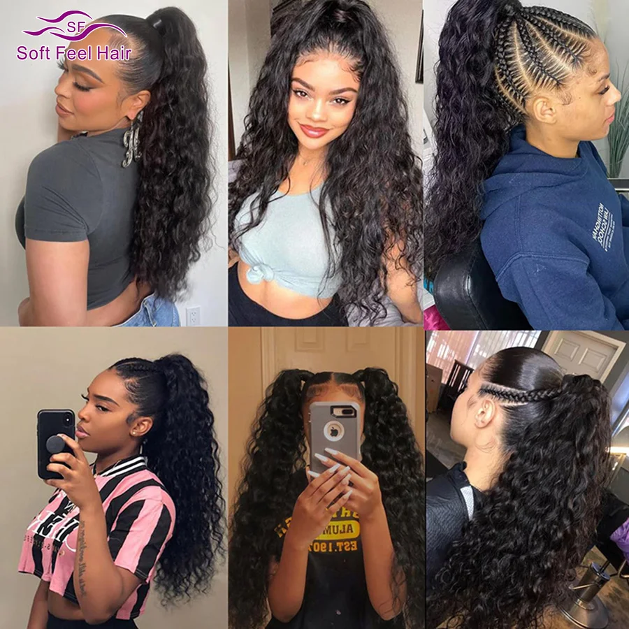 Wrap Around Water Wave Ponytail Extensions Human Hair Magic Paste Curly Wave Ponytail Remy Human Hair Natural Color