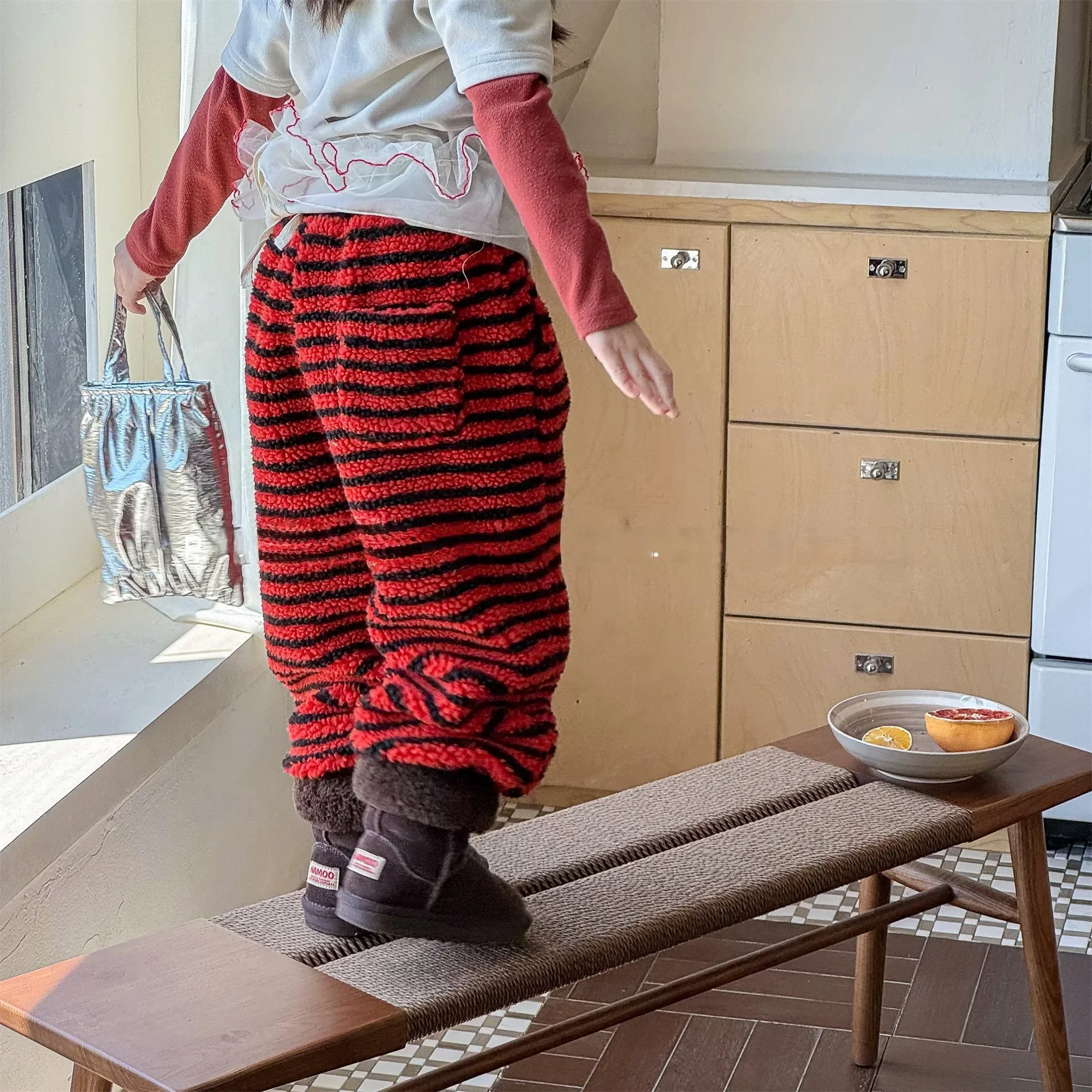 Warm Striped Kids Pants Fur Lining Boys Girls Trousers