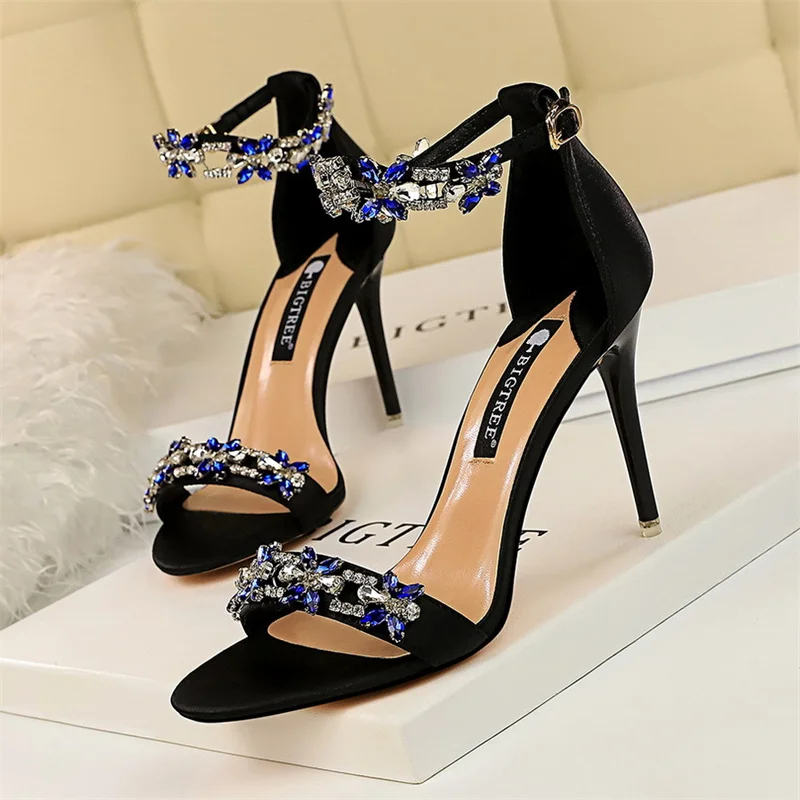 Women Fashion High Heels Crystal Sandals Silk Wedding Bridal Heels