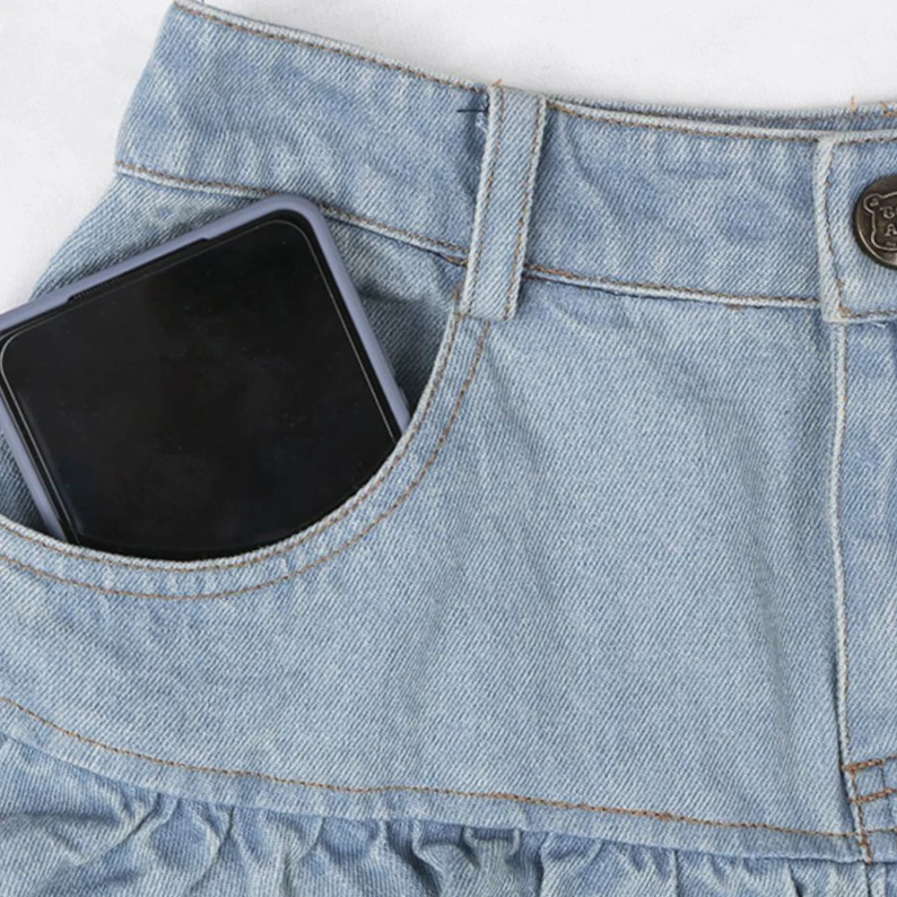 Y2K Vrouwen Strik Ruches Zoom Blauw Jean Plissé Sexy Minirok Hoge Taille A-lijn Kawaii Cake Rokken, blauw, S