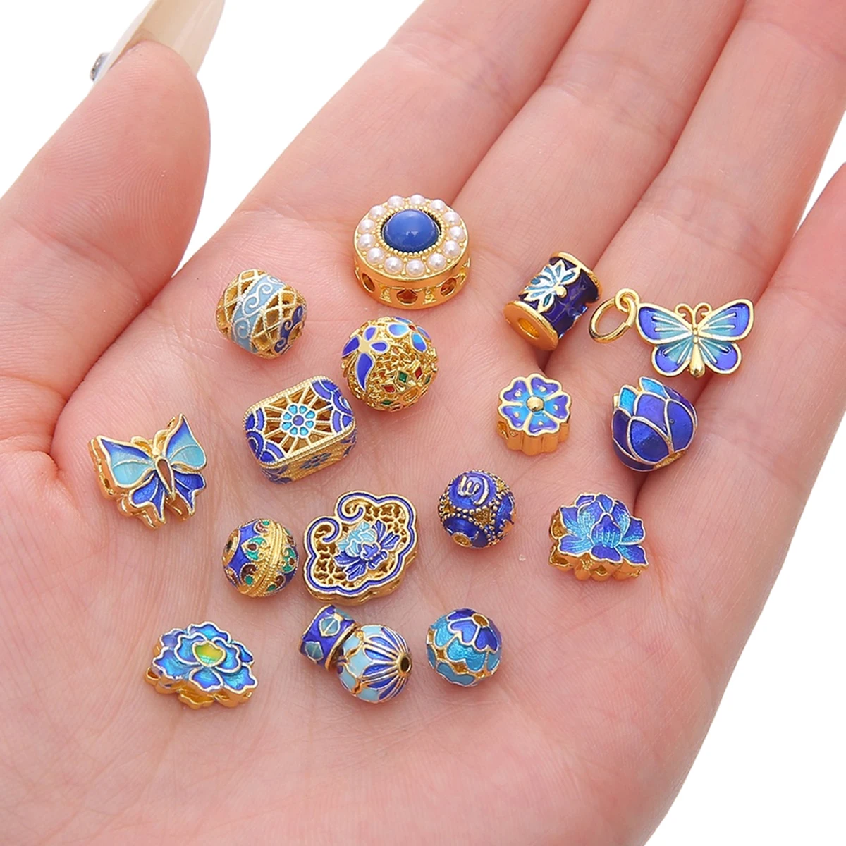 1 Stück Kupfer 18K Gold Blau Lose Spacer Perlen Runde Blumenperlen Charms für Armband Halskette Ohrring DIY Schmuckherstellung Handwerk – Detail 7