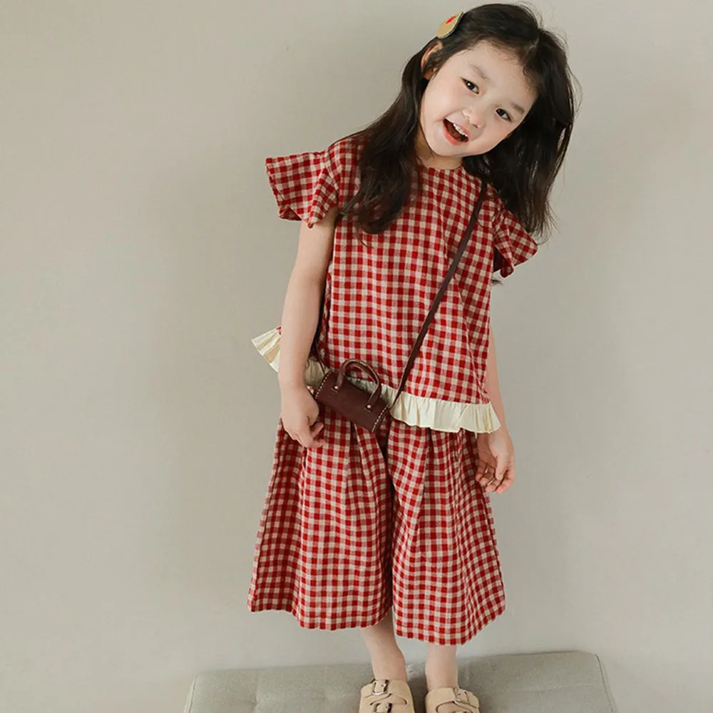 

Children's Cute Red Plaid Loose 2piece Set Girl's Summer Flying Sleeved O-neck Lace Hem Tank+Elastic Calf Length Wide Leg Pants