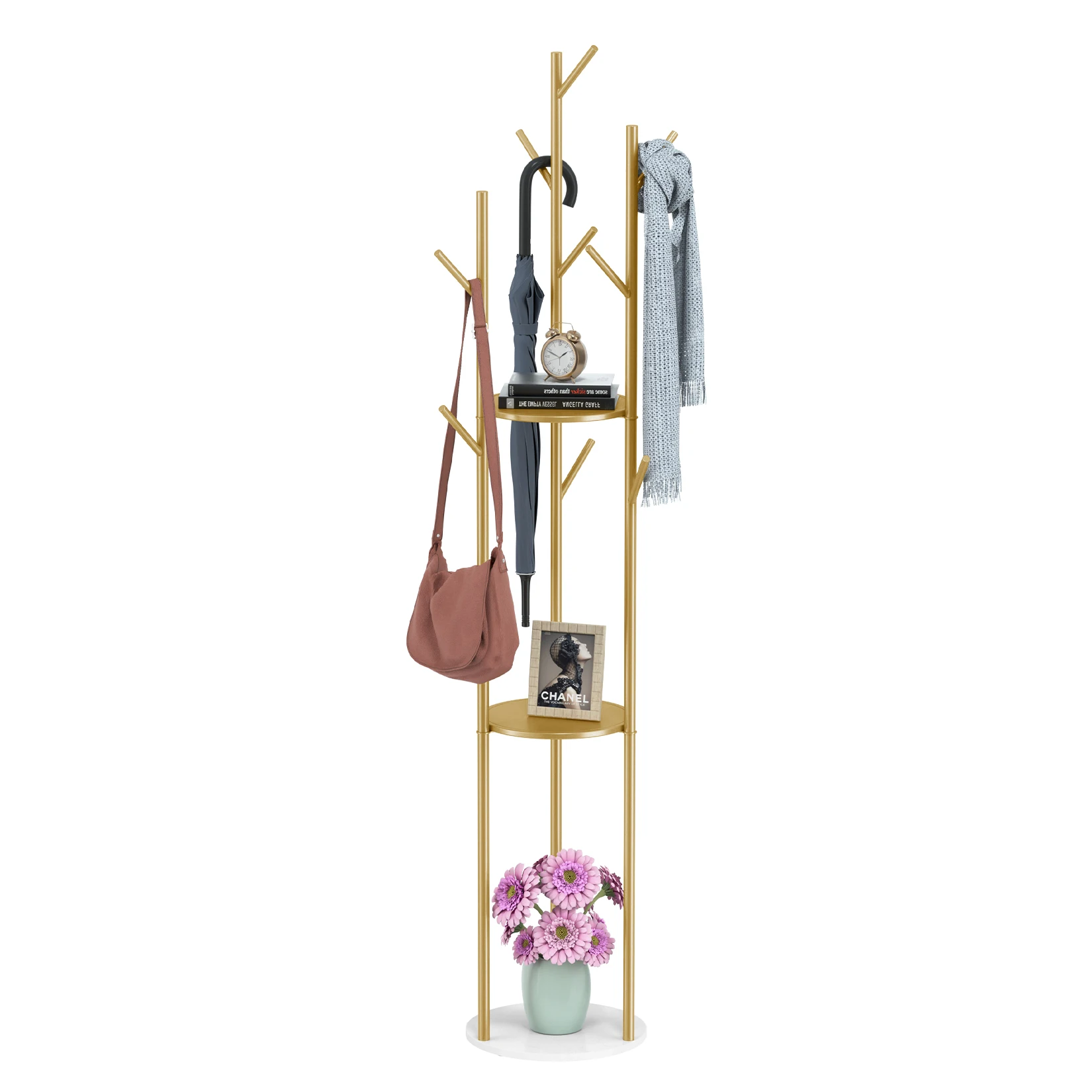 Marble Metal Coat Rack Freestanding with 3 Storage Shelves and 9 Hooks, Enterway Hall Tree for Hanging Coats, Jackets, Hats, Bag