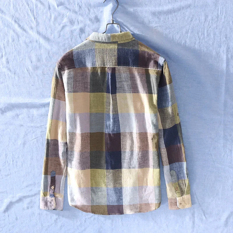 Cotton Linen Casual Plaid Shirts for Men Long Sleeve Tops Male Loose Turn-down Collar Fashion cotton shirt,long sleeve shirt,men casual shirt