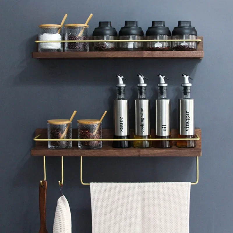 Kitchen Spice Bottle Storage Wooden Rack Multifunctional Wall Hanging Rack Kitchen Solid Brass Hook Bathroom Storage Towel