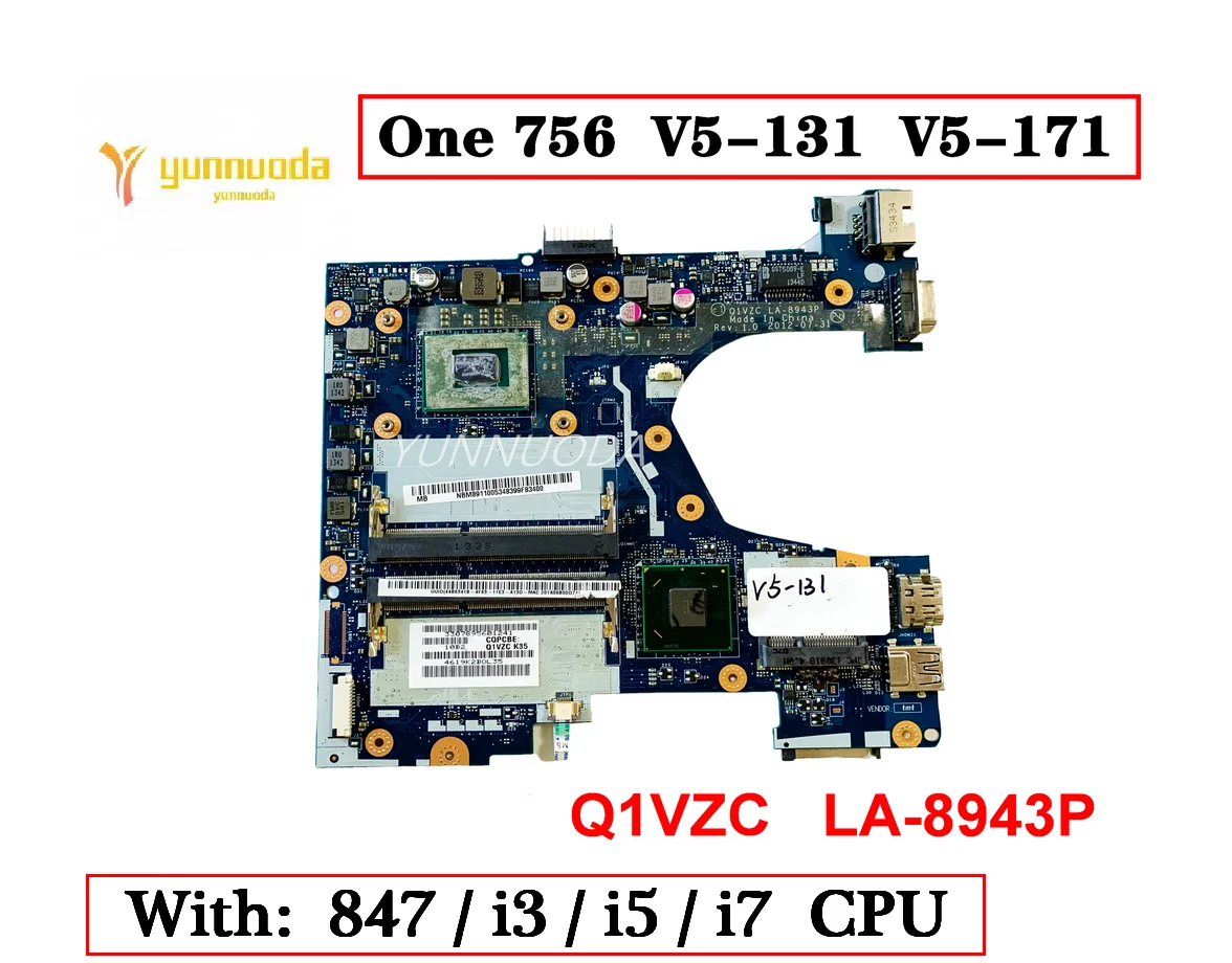 Laptop Motherboard para Acer Aspire One Q1vzc La8943p Dual Core i3 i5 Cpu Testado Bom 756 V5131 V5-171