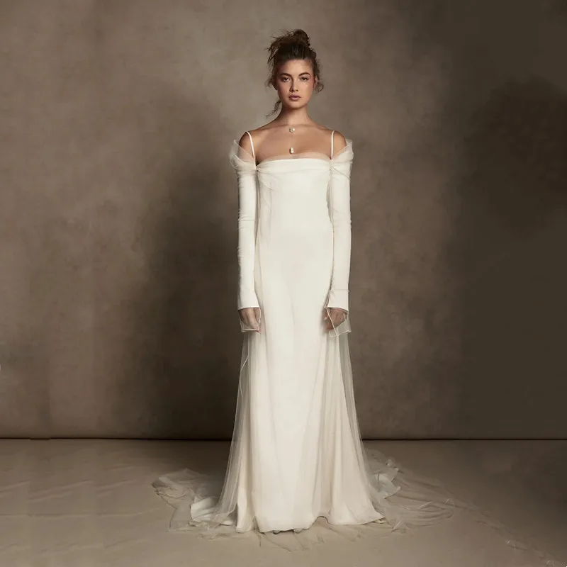 Eleganti abiti da sposa dritti in Tulle con spalle scoperte pieghe maniche lunghe abiti da sposa.jpg