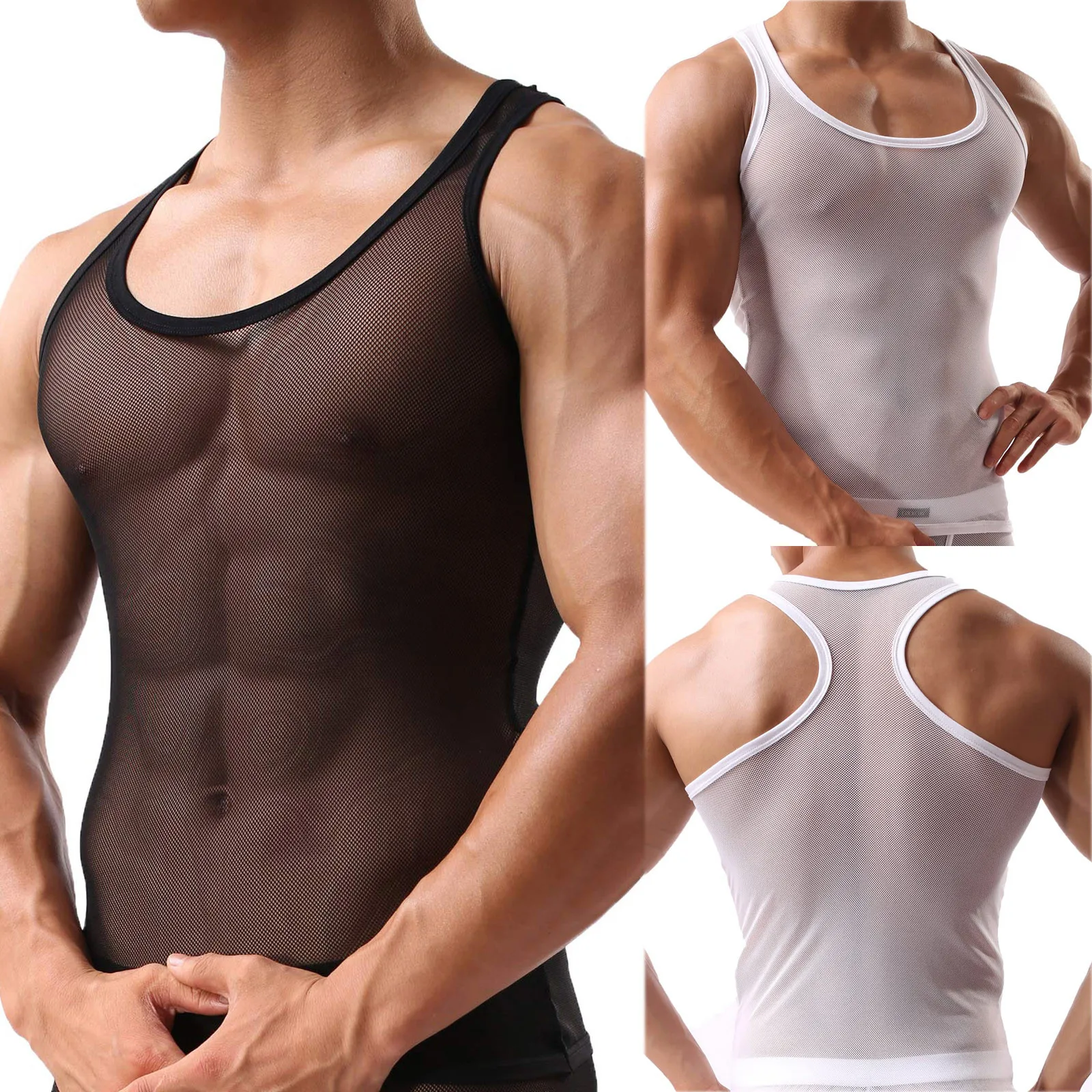 

Men Undershirts Sexy Transparent Musle Tank Tops Elastic Vest Man Sleeveless Tops Sheer Fitness T-Shirt Clubwear Singlet Sports