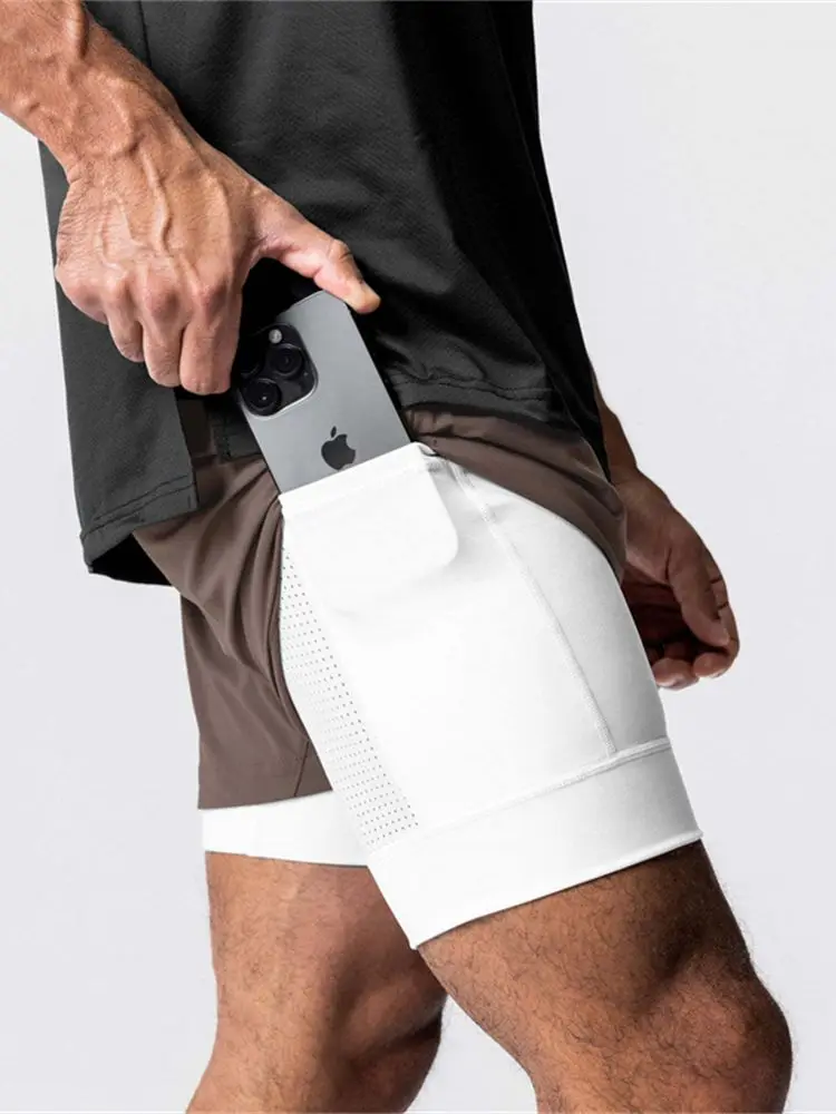 2023 High quality summer new sports double layered 2-in-1 men's shorts with built-in pockets and multifunctional exercise capris