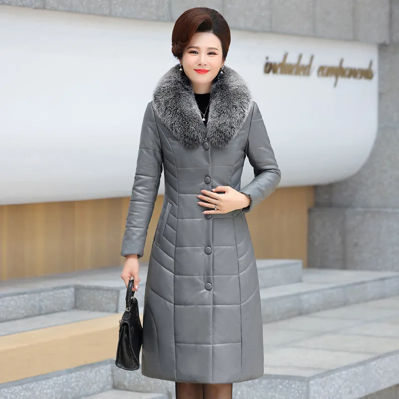 M-7XL Woman Long Leather Coat Winter Fashion Mother Padded Outerwear Thick Warm Fur Collar Camel Fleece Filling Overcoat Female